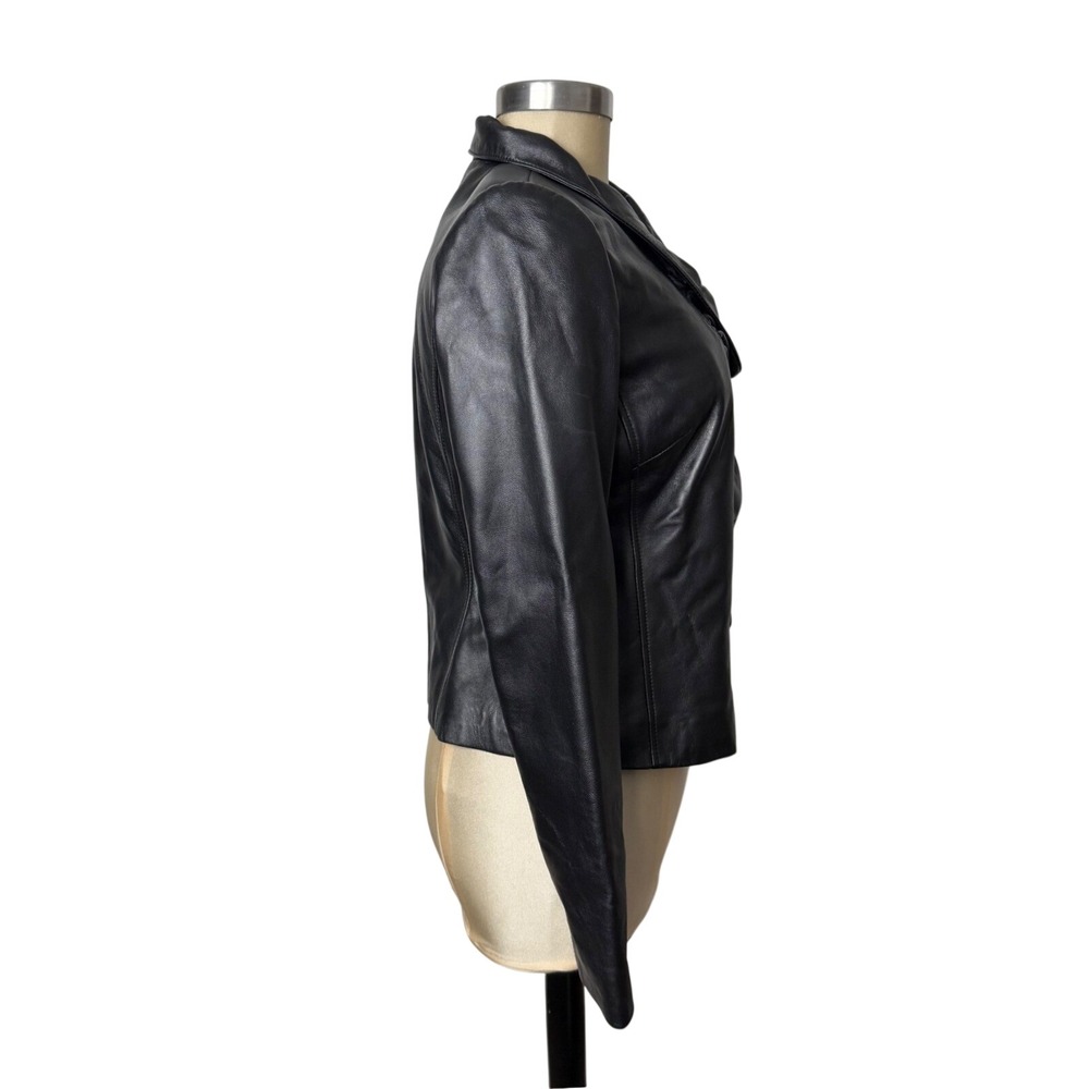 INC International Concepts Black‎ Leather Ruffle Jacket Women S Moto Chic - Picture 4 of 14